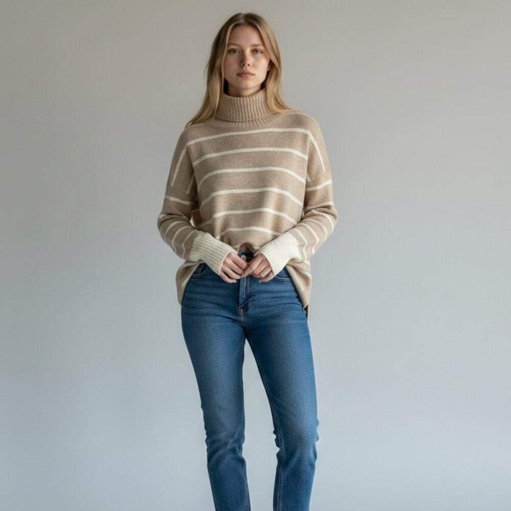 Adrienne Vittadini 2-Ply Cashmere Turtleneck Sweater Womens Sz S Beige Striped